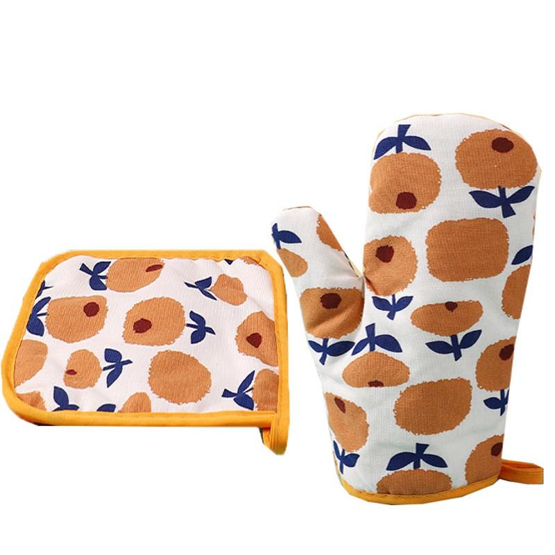 Heat Resistant Oven Gloves With Insulated Pad Set Baking Microwave Kitchen Use Cotton Linen Blend Modern Geometric Design