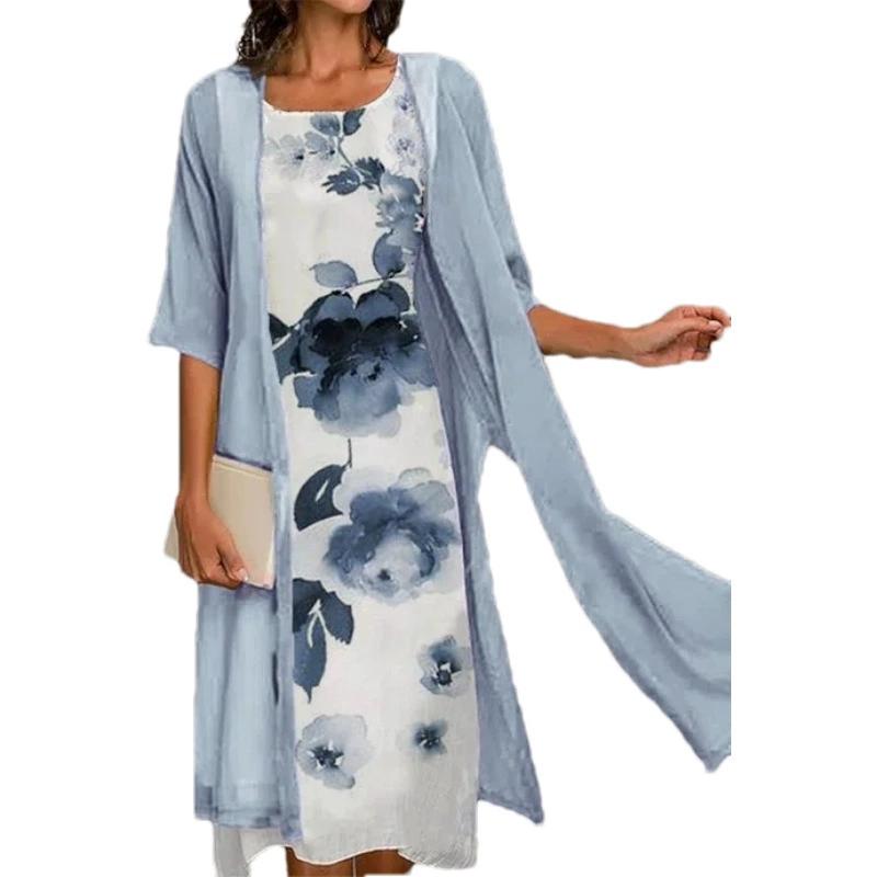 2 Teile/satz Frühling Herbst Frauen Retro Blume Drucken Unregelmäßigen Saum Weste Kleid Einfarbig Halbe Hülse Schal Mantel Elegante Outfit