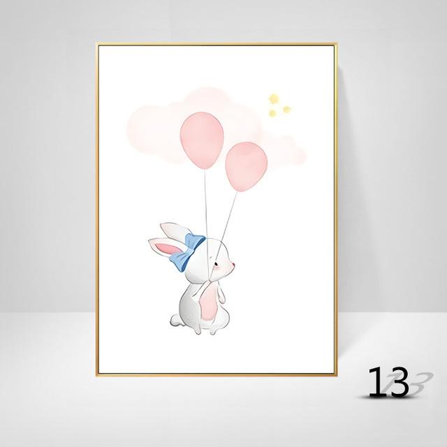 Cartoon Animal Canvas Painting Elephant Rabbit Balloon Children's Room Decorative Painting Creative Art Hanging Painting