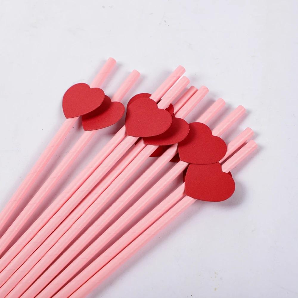 20Pcs Degradable Heart Paper Straws Pink/yellow Disposable Drinking Straw  Chinese Valentine's Day