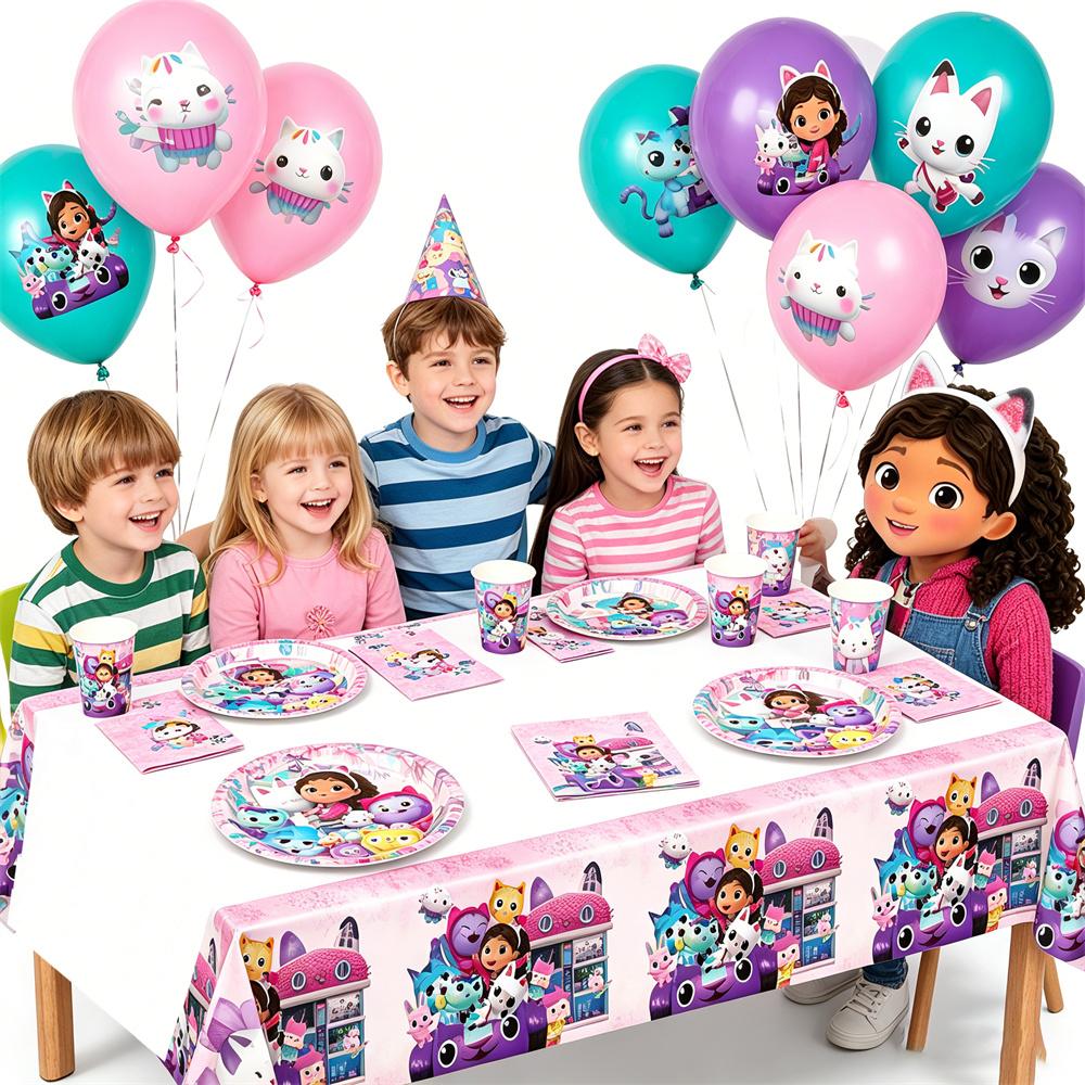Pink Gabby House Birthday Party Decoration Banner Balloons Gabby Paper Cake Topper Plate Napkins Girl Party Decorations Supplies