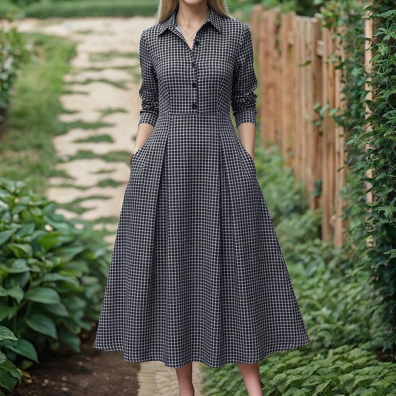 ZANZEA Women Casual Turn Down Collar Long Sleeve Grid Print A-Line Dress