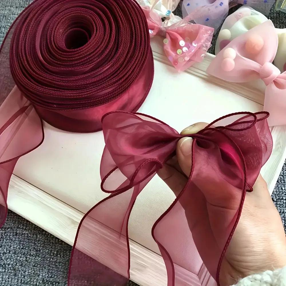 1 roll, 10 yards of velvet ribbon - Red with wavy edges - Solid-color ribbon for wedding bouquet decorations, decorative ribbon