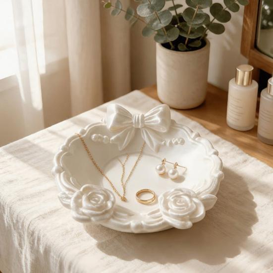 3D Printed Jewelry Tray Small Round Ring Holder Dish with Bow for Women Girls Floral Trinket Bowl Jewelry Organizer for Vanity Dresser Decor