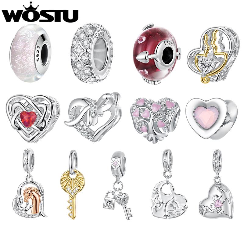 WOSTU Valentine Series 925 Silver Love Heart Charms Key Pendant Murano Glass Bead Fit Bracelet Jewelry Making Gift For Lover Her