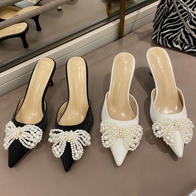 Luxus Damen 7cm High Heels Satin Slides Weiße Perlenschleife Stiletto Hausschuhe Slip On Lady Pantoletten Fetisch Hochzeit Brautschuhe