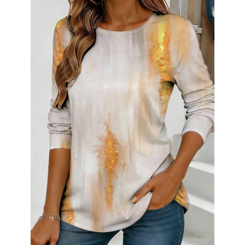 Women's abstract watercolor print long-sleeved loose round neck top, casual everyday street style with elegant design.