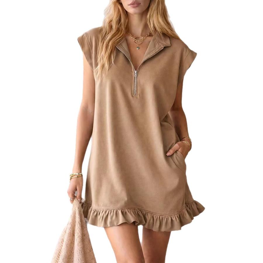 Summer New Arrivals Sleeveless Double Pocket Dress with Zipper V-Neck Ruffles A-Line
