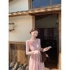 French Bow Lace-up Long-sleeved Pink Dress Women's Autumn Waist Halter A-shaped Skirt Gentle Wind Long Dress