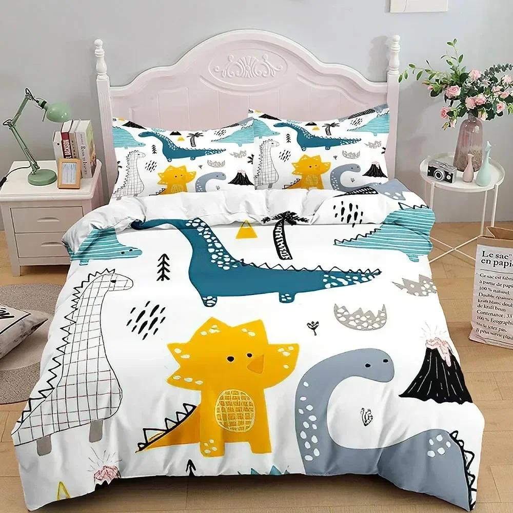 Cartoon Dinosaur Bedding Set Full King Queen Size,Cute Animal World Duvet Cover Orange Yellow Polyester Comforter Quilt Cover