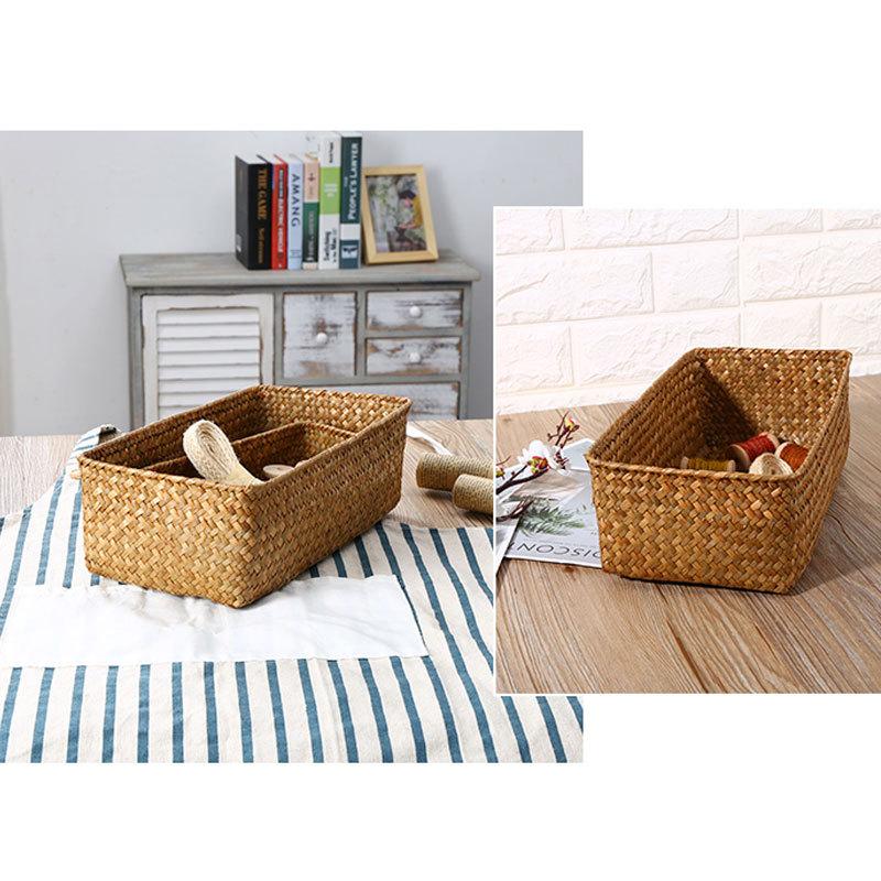 Large Home Storage Basket Box Grass Woven Rectangular Storage Container Sundries Kitchen Drawer Organizer