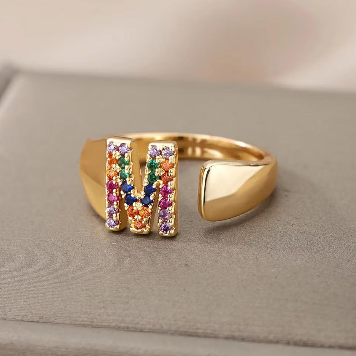 

Многоцветные кристаллы начальная буква открытые кольца для женщин цветные стразы позолоченный металлический палец кольцо модные ювелирные изделия подарок