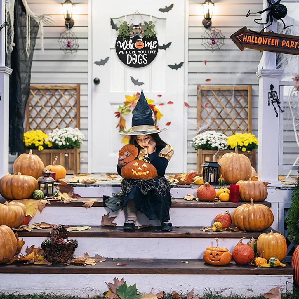 Interchangeable Wooden Seasonal Welcome Sign, Rustic Round Dogs Sign Front Door Wreaths for Home/Wall/Porch Decor, for Easter Spring Summer Fall