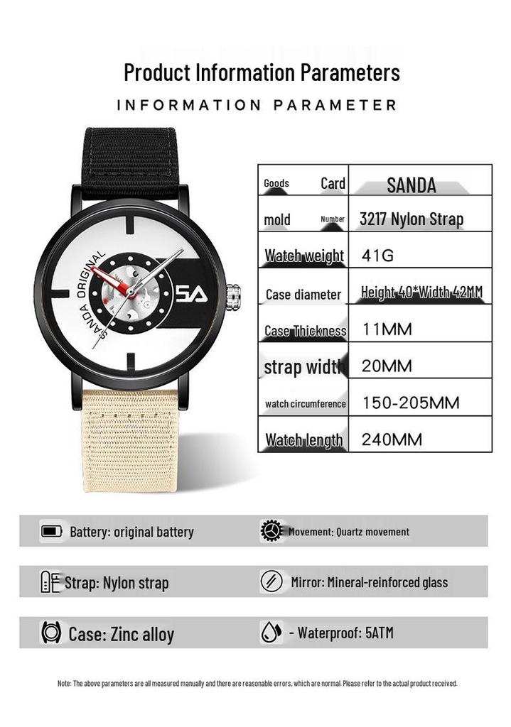 Sanda Nylon Strap Quartz Watch - Simple, Thin, Creative Dial, Waterproof, for Students and Sports