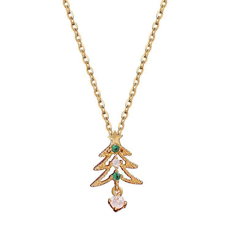Retro Green K-Gold Christmas Tree Pendant Necklace for Women - Hollow Clavicle Chain, Small Niche Ins Style Festival Gift.