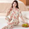 Superior sweet ladies strawberry print imitation cotton pajamas loungewear loose large size short sleeves trousers set
