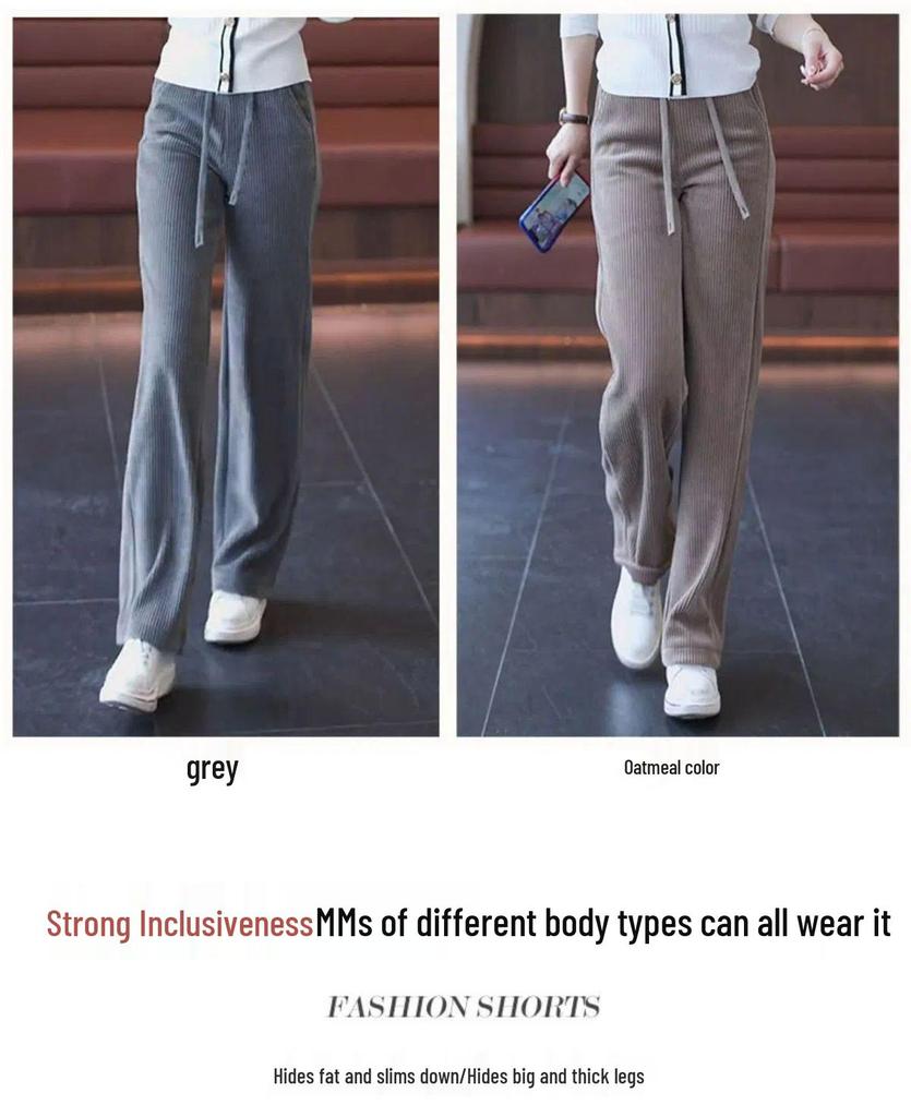 Women's Black Corduroy Wide-Leg Pants with Fleece Lining for Autumn/Winter 2025