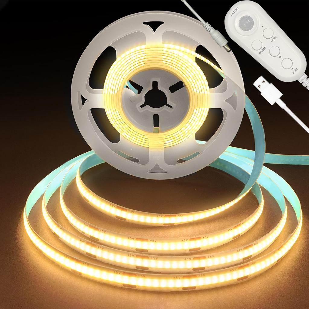 Clearhill Motion Sensor LED Strip 2M Warm White 8mm 320 USB for Staircases Lights, Length, 3000K, Width, LEDs/M, Powered, Non-Waterproof IP20, 5V,