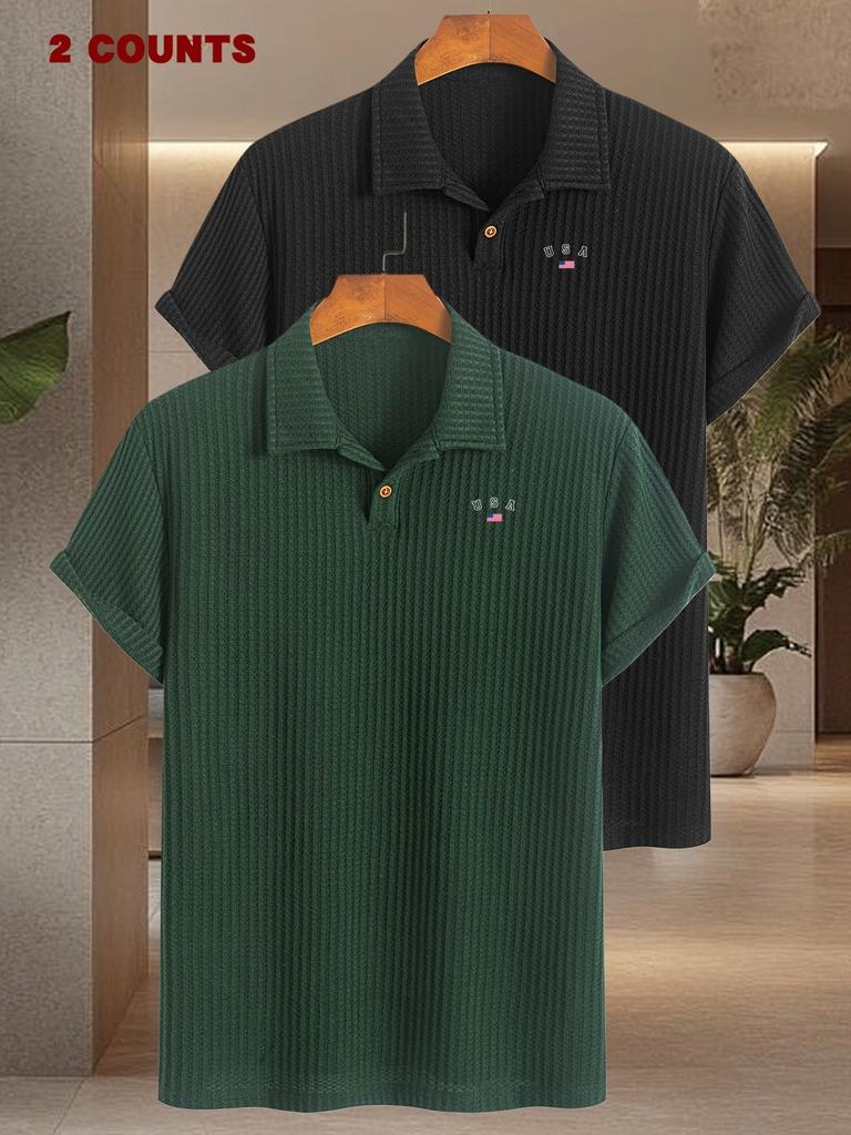 2pcs Men's Polo Shirts with Geometric Pattern - Soft Knit Lapel Collar & Short Sleeve Casual T Shirts, Regular Fit Men's Golf Polo for Daily Wear