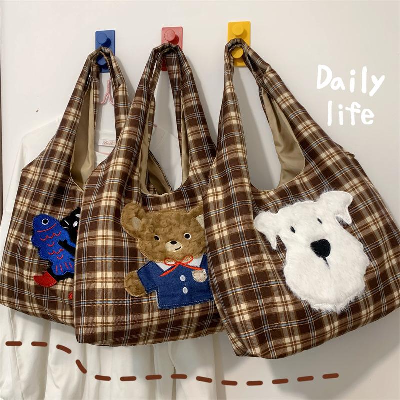Cute cartoon embroidered tote bag large capacity Korean version plaid student shoulder bag casual going out portable shopping bag