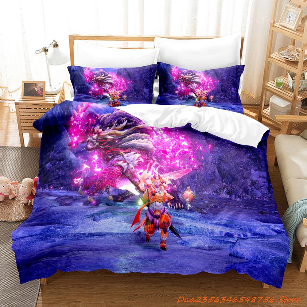 Comforter Personelity Monster Hunter Rise Bedding Set Cartoon Anime Three-Piece Set Adult Kid Bedroom Three-Piece Suits 3D Game Monst