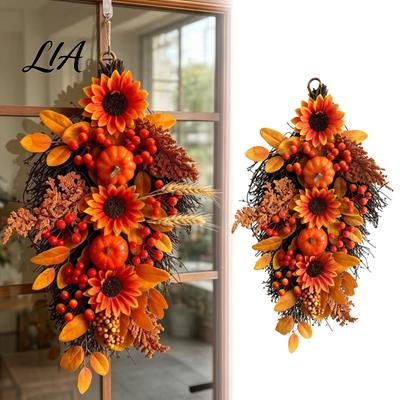 Elegante Herbst-Wohnaccessoires Sonnenblumen-Girlanden Kranz, Ahornblätter und Beeren Hängende Dekoration Künstliche Innen-Außen-Dekorationen Herbst-Saisonal