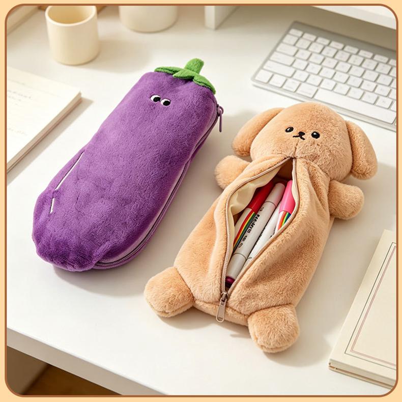 Cute Animal Plush Pencil Case, Large Capacity Stationery Organizer