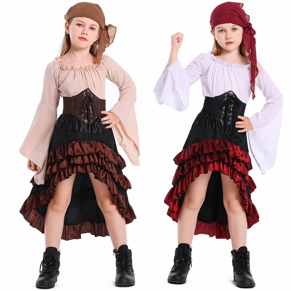 Kinderen Piratenkostuum Halloween Cosplay Outfit Jurk met Lange Mouwen met Korset en Hoofddoek voor Kinderen Rolspel Optreden