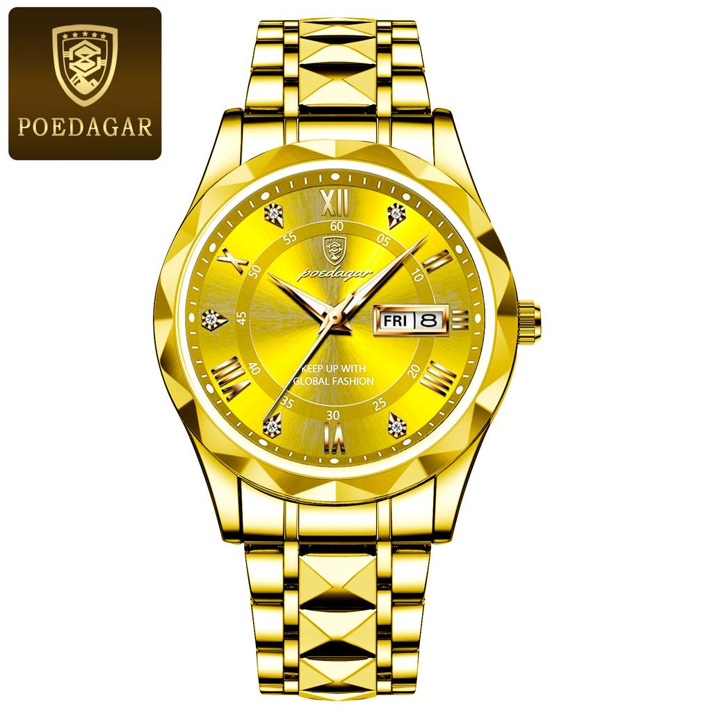 POEDAGAR Top Luxusmarke Herrenuhren Wasserdicht Leuchtend Kalender Wochentag Uhr für Mann Edelstahl Lässige Quarz Uhr