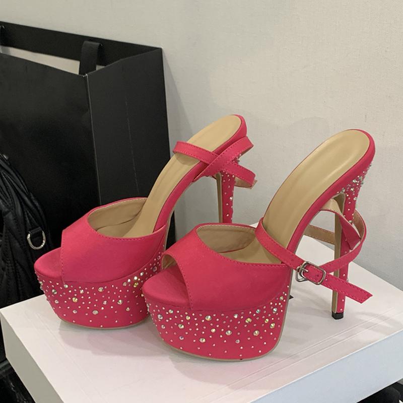 

Летняя мода Кристалл Стразы Сандалии на платформе Женские Пип-то носок Подиум Супер высокие каблуки Банкет Вечеринка Выпускной Обувь Размер 42 41 розовый
