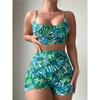Green Leaf Print 2 Piece Swimsuit Women,2024 High Waist Bikini Tankini,summer Beach Vacation U-neck Suspender Backless Swimwear