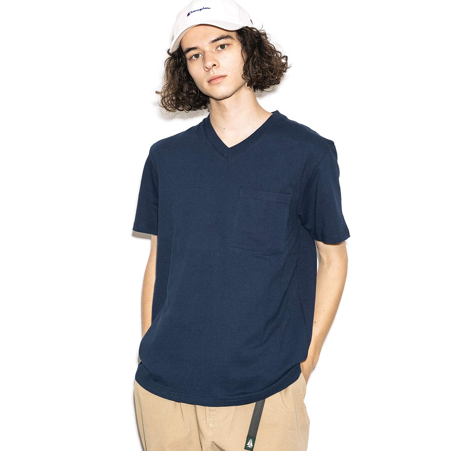 

Футболка с коротким рукавом и карманом, обычная, плотная, из американского хлопка, однотонная, темно-синяя [хорошая износостойкость], с V-образным вырезом, 7,6 унций, мужская (Средний, F8)