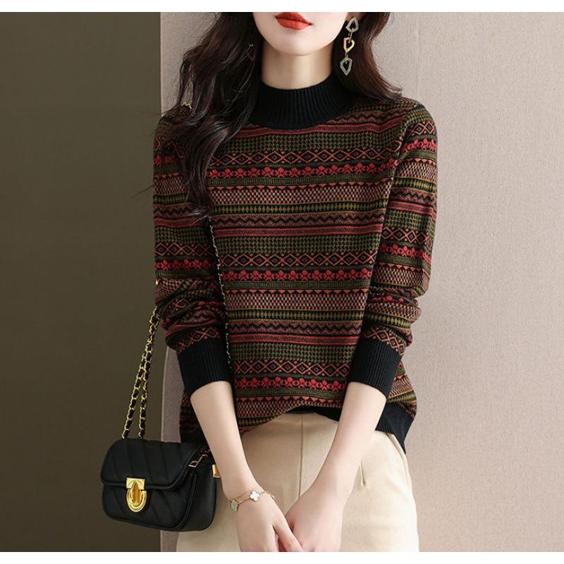 Retro Jacquard Pullover mit halbem Rollkragen Damen Herbst und Winter neu dick modisch gestreift locker gestricktes Unterhemd