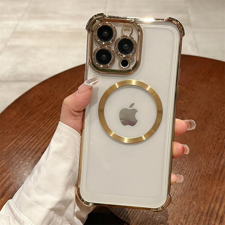 For Apple 16PRO Four Corner Anti Drop Plated Phone Case for IPhone 11/13 Solid Color CD Pattern Magnetic Protective Cover