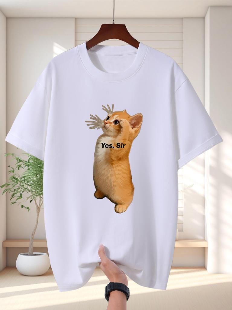 Unisex T Shirt Saluting Orange Cat Graphic Tee Funny Pet Print Short Sleeve O Neck Loose Casual Tops Summer Streetwear