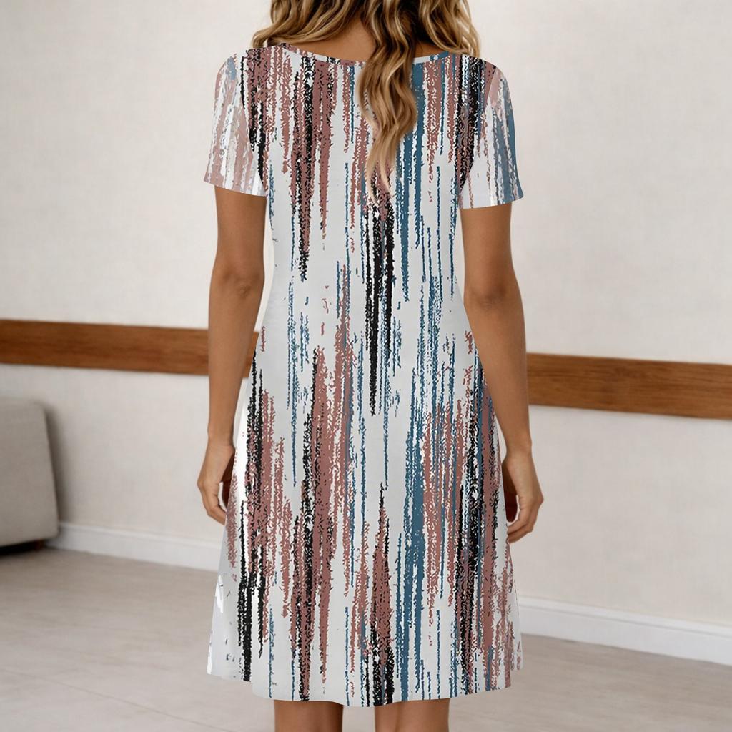 Damen Mode Retro Print Rundhals Kurzarm Knopfleiste Lässiges Kleid