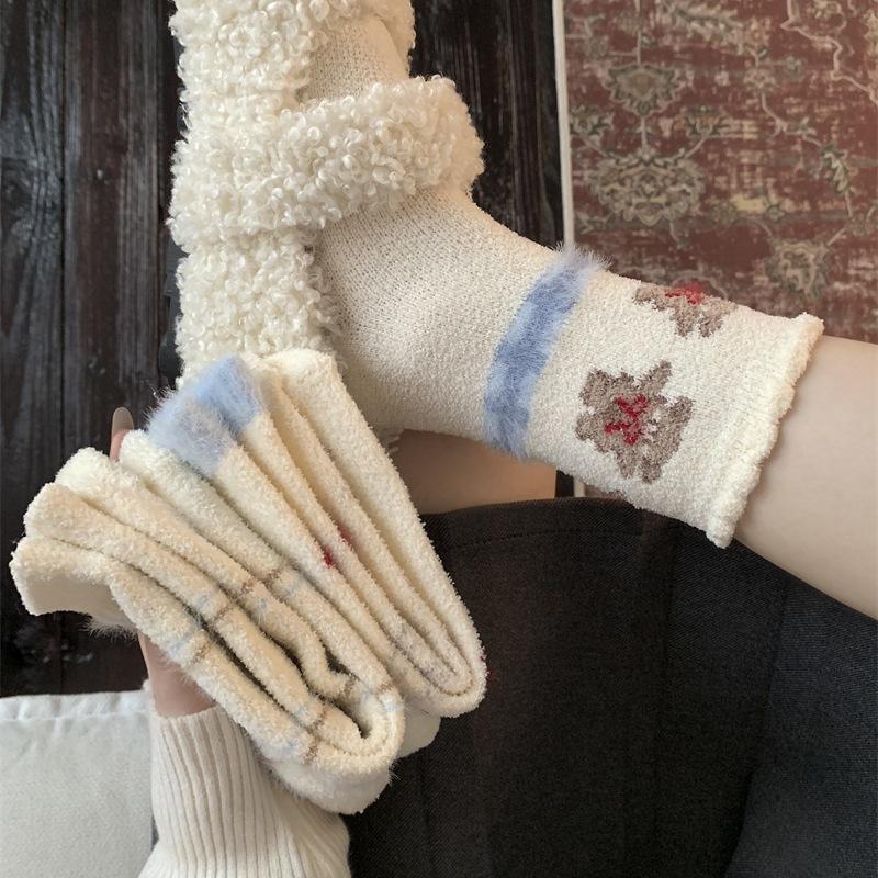 Baby Fleece Is Coming~ Jiefiti Thickened Thermal Socks Plaid Bow Cartoon Bear Stacking Socks