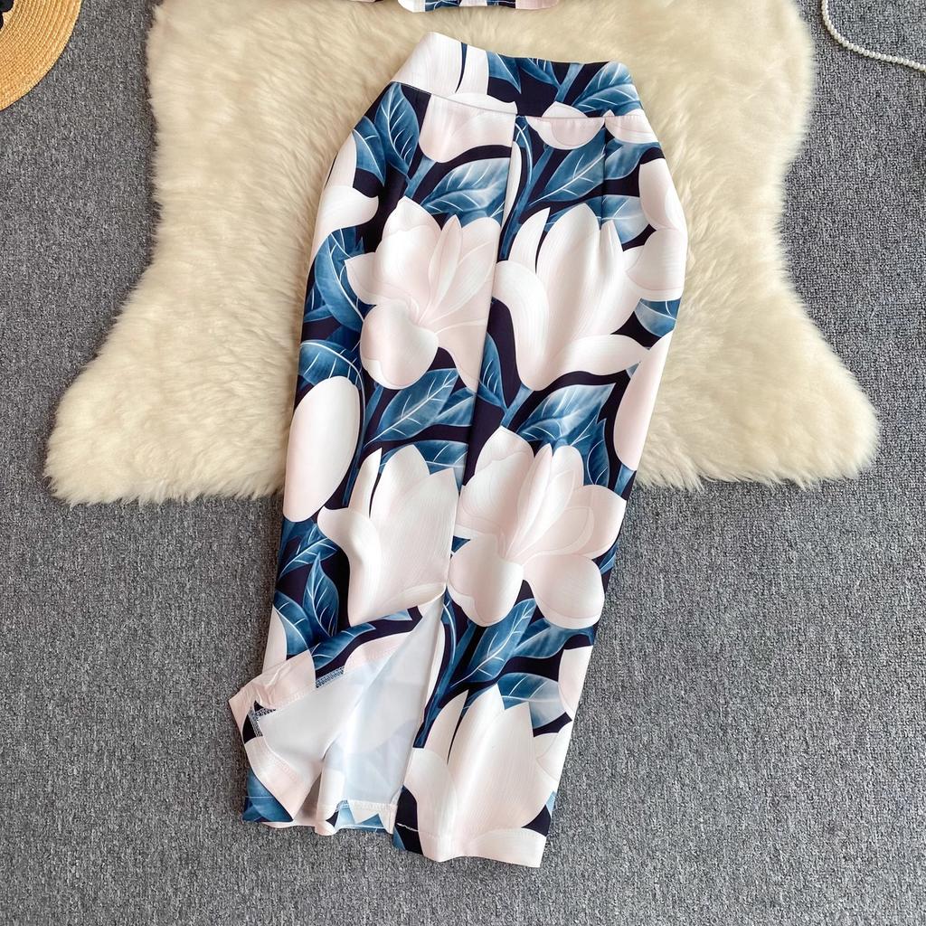 Two Work Office Spring Print Piece Set For Womens Long Sleeve Shirt Top And Slim Bodycon Pencil Midi Skirt Business Outfits