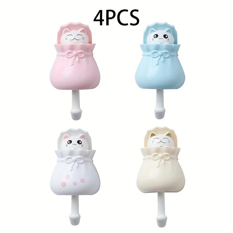 4pcs Cute Cartoon Cat Retractable Hooks,No Drilling Required, Strong Adhesive Wall Hooks for Kitchen, Bathroom, Office,Durable Plastic with Keychain,