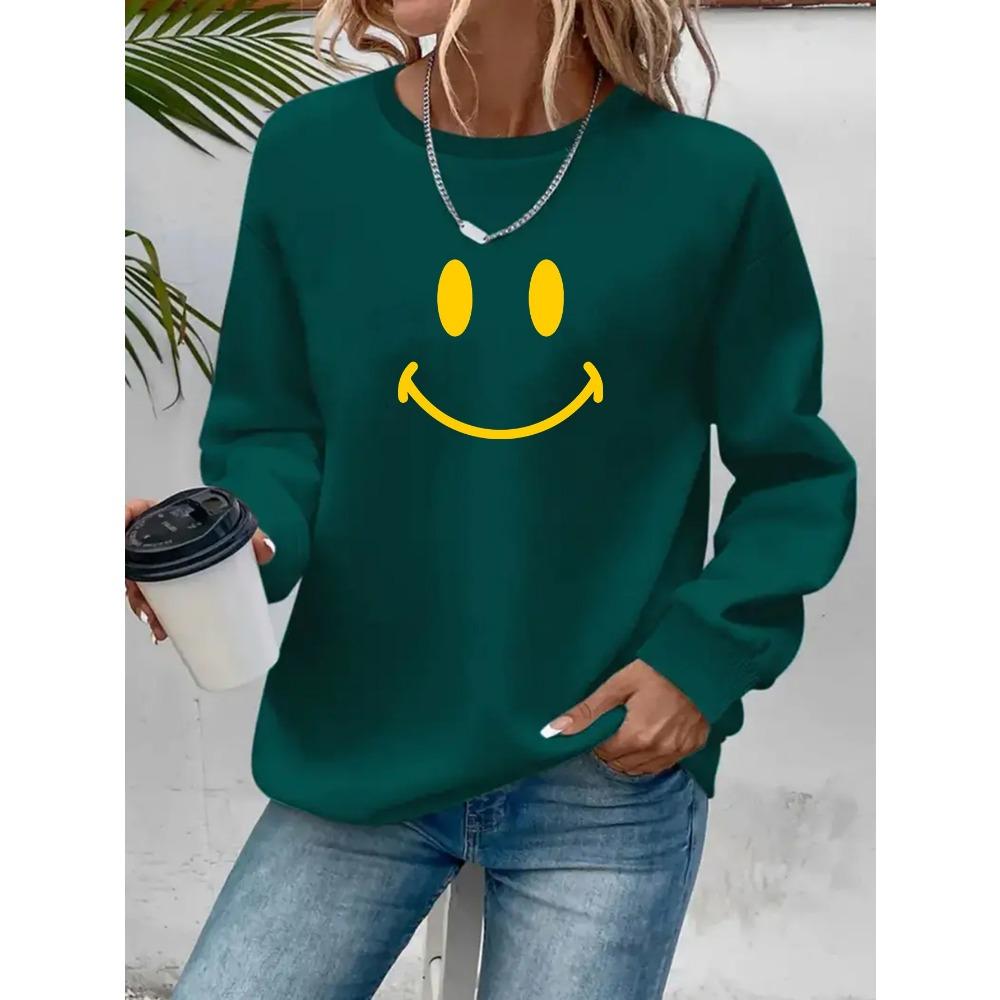 Ladies' Fashionable Cartoon Micro Smiling Face Printed Pullover, Casual