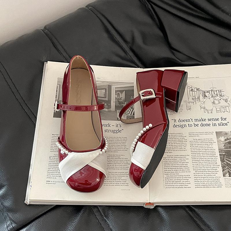 Niche design sense bow Mary Jane shoes women's summer French fashion pearl single shoes with skirt high heels