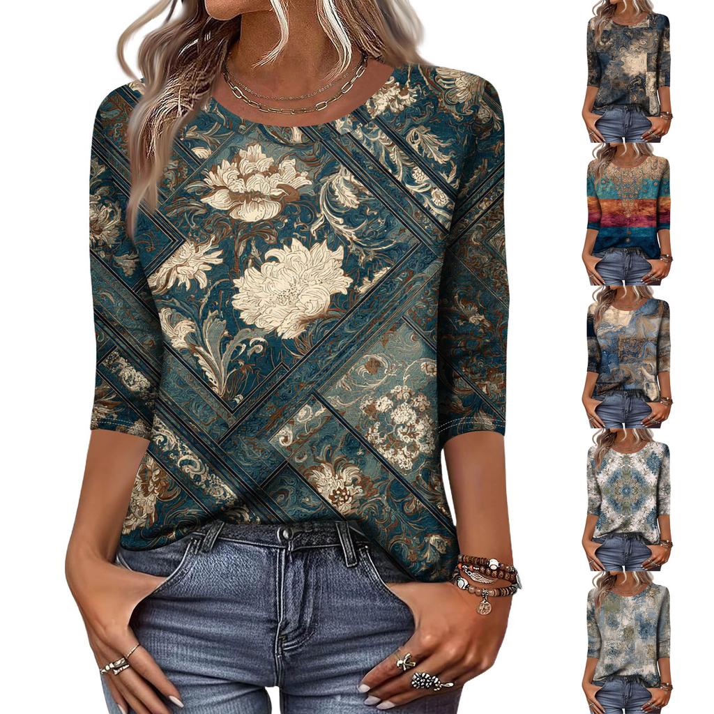 Trendy Vintage 3/4 Sleeve Top For Women,Ladies Casual Three Quarter Sleeve Round Collar Printed T-Shirt Blouse