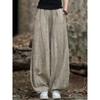 Johnature Women Vintage Tie-dye Wide Leg Pants Elastic Waist Autumn Trouser Loose Pockets Women Ramie Cotton Pants