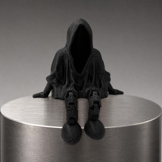 Bendable Joint Reaper Ornament 3D Printed Mysterious Black Robe Figurine, Articulated Sitting Statue with Novelty Dark Themed Collectible Movable