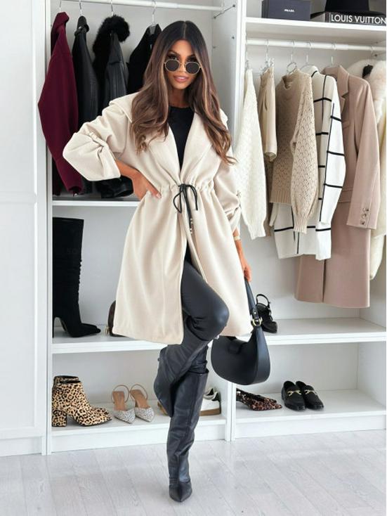 2025 European & American Women's Fashion Lace-Up Hooded Lapel Long Sleeve Coat for Autumn & Winter