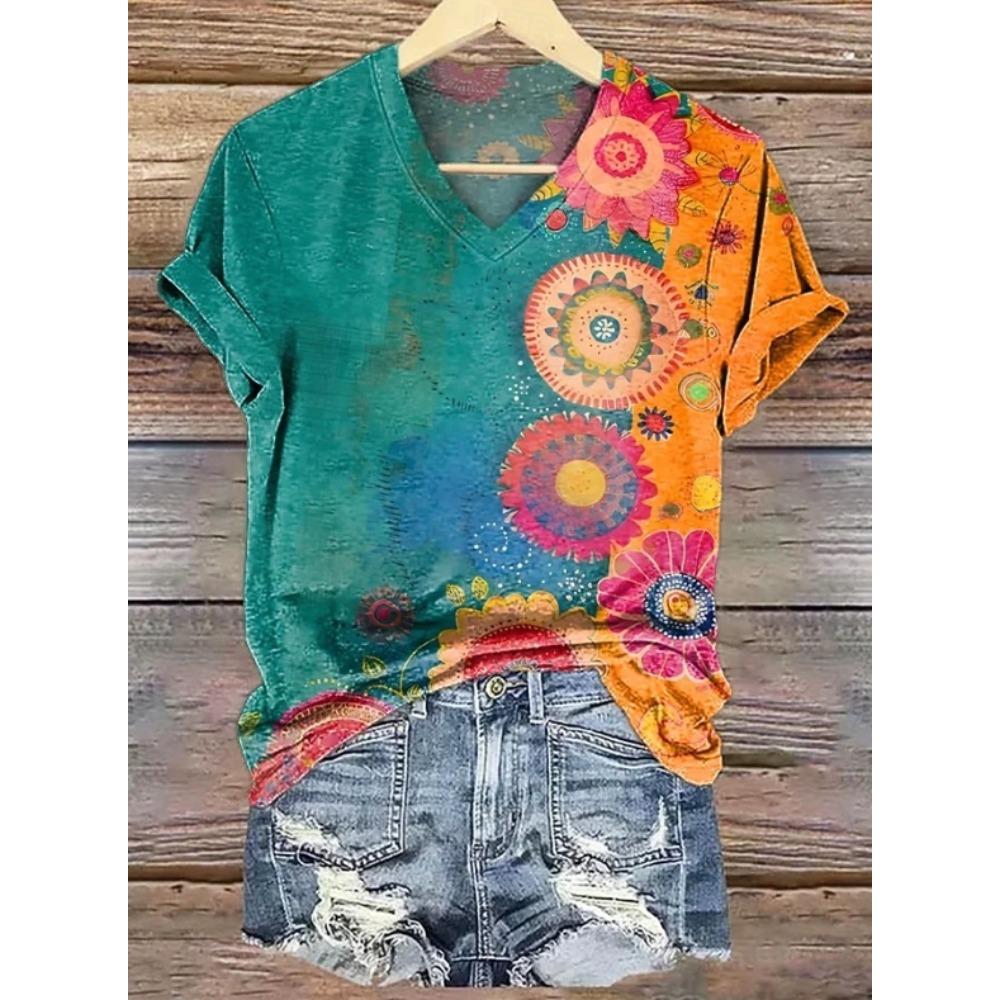 Women Summer T Shirt Vintage Pattern Print Short Sleeve Tees Casual Printed Tops