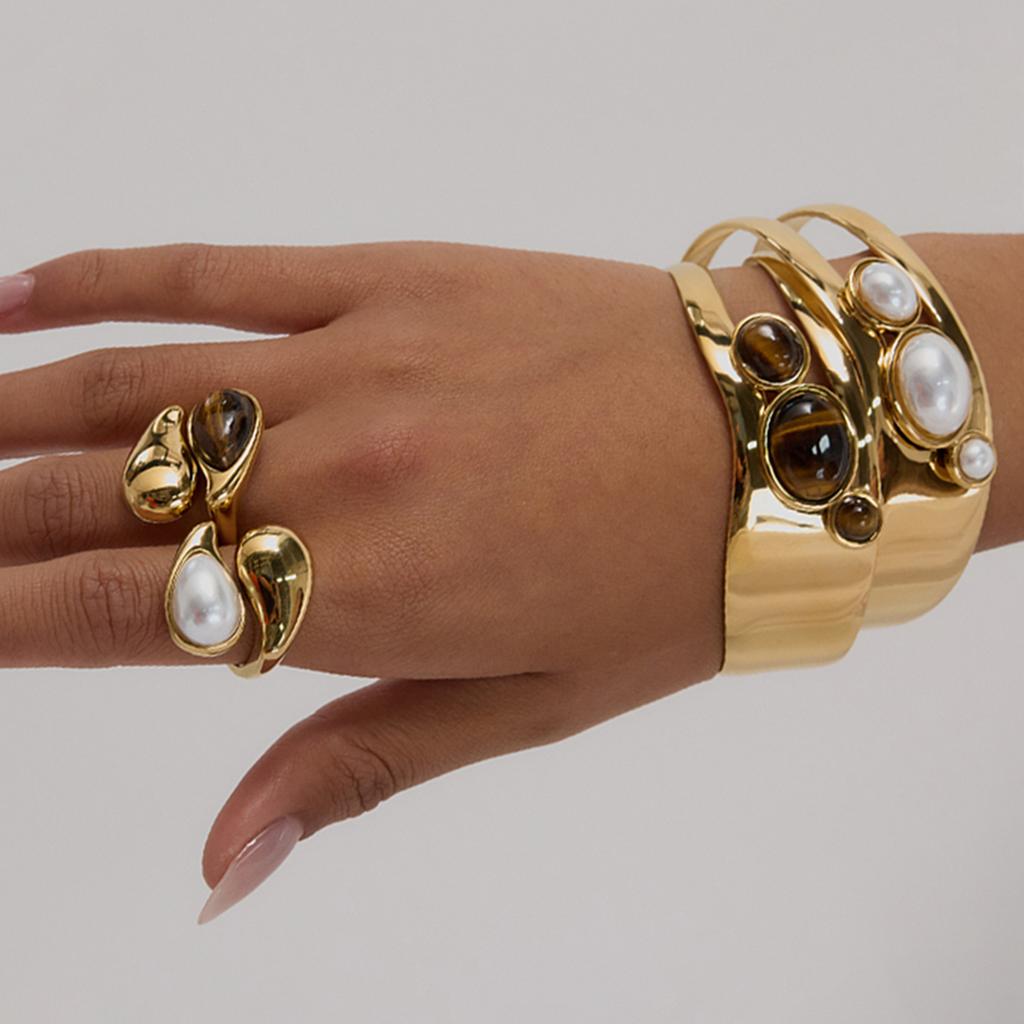 Youthway Natural Stone Geometric Skeleton Cuff Bracelet Stainless Steel Chic Wrist Jewelry Malachite Artificial Pearls Bracelet