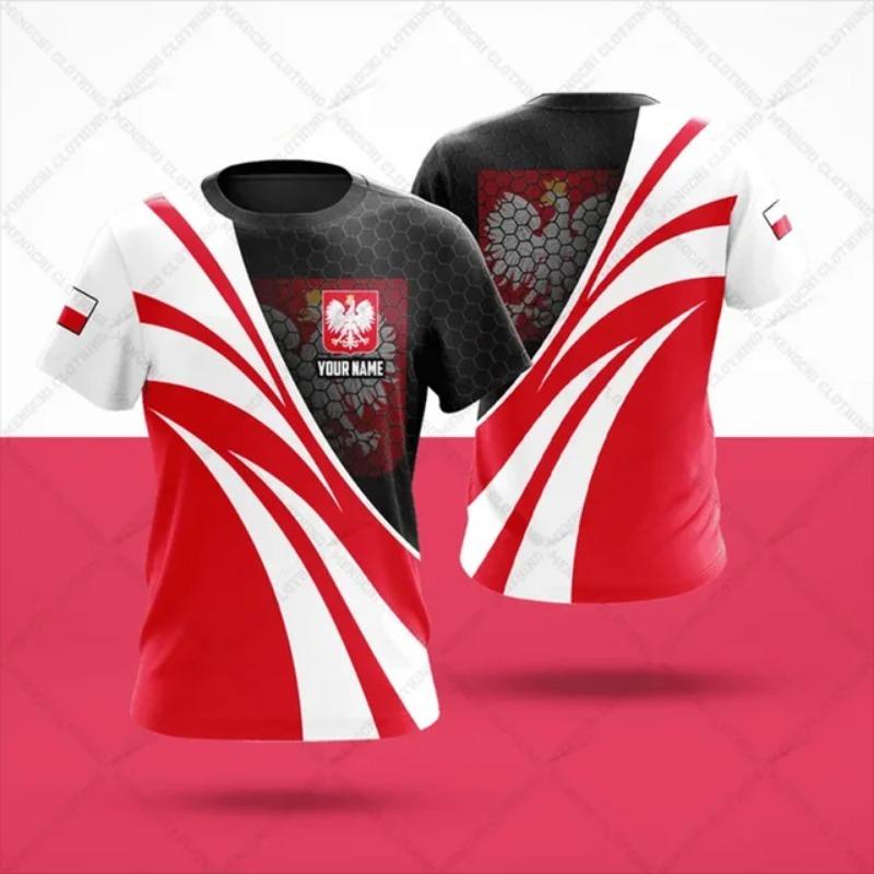 Polonya Bayrağı Rozeti Savaşçı Kamuflajı 3D Baskılı Erkek Bisiklet Yaka Kısa Kollu Bol Kesim Moda Tişört Spor Hızlı Kuruyan