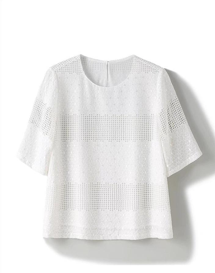 

Double-layer silk top women s hollow shirt silk short-sleeved mulberry silk shirt can match pants M