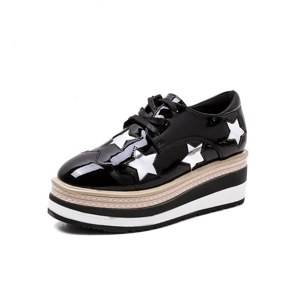 2026 Autumn Women Lace‑Up Wedge Platform Pumps, British Style Star Decor Striped Thick‑Sole Invisible Height‑Increase Waterproof Platform Casual Shoes